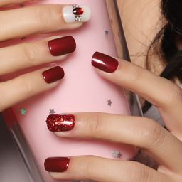 LICK 30 Pcs Glossy Glitter & Stone Fake nails-Artificial Press On Nails - Maroon & White-31