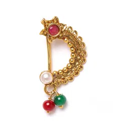 JEWELS GEHNA Maroon Antique Gold-Plated CZ-Studded & Beaded Marathi Nose Pin-36