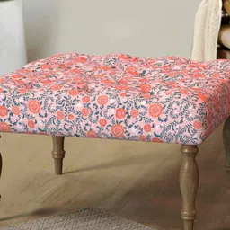 Chumbak Peach-Colored & Blue Floral-Printed Square Ottoman-56
