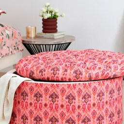 Chumbak Bohemian Peach-Colored & Blue Printed Round Ottoman-41
