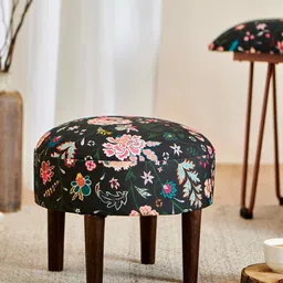Chumbak Bohemian Palampore Black & Pink Printed Round Ottoman-35