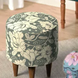 Chumbak Green & White Floral-Printed Round Ottoman-49
