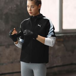 Puma Women Black And White Colourblocked Evostripe Full-Zip Outdoor Bomber Jacket-image-0