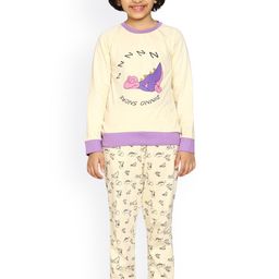KiddoPanti Girls Beige & Purple Dinnosnore Printed Pure Cotton Night suit-image-117
