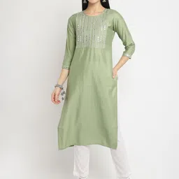 Rajnandini Women Green Yoke Design Flared Sleeves Thread Work Chanderi Silk Kurta-image-60