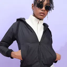Campus Sutra Black Hooded Windcheater Bomber Jacket-image-98