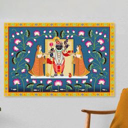 SAF Green & Yellow Shreenath Ji Sparkle Coated Unframed Painting Wall Art-image-95