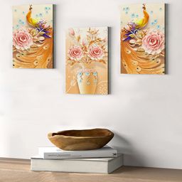 TIED RIBBONS Set Of 2 Brown & Yellow Decorative Peacock Wall Art Painting-4