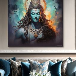 SAF Blue & Orange Wooden Framed Lord Shiva Canvas Wall Art-58
