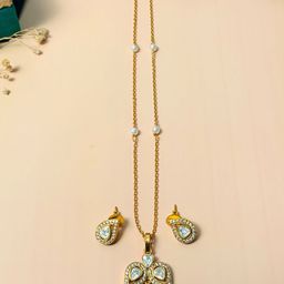 ABDESIGNS Brass Gold-Plated American Diamond Pendant Chain With Pair Of Earrings-3