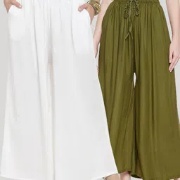 Clora Creation Women Off White & Olive Green 2 Knitted Palazzos-image-52