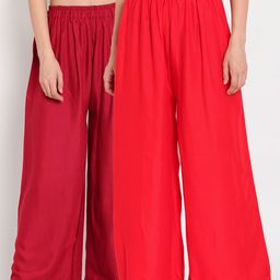TAG 7 Women Red & Maroon Set of 2 Flared Ethnic Palazzos-4
