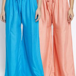 GRACIT Women Pack of 2 Turquoise Blue & Peach-Coloured Ethnic Palazzos-18