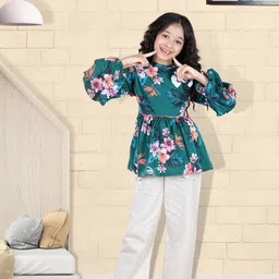 Cutiekins Girls Sea Green & Off White Printed Top with Palazzos-image-91