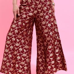 Vishudh Women Maroon & Gold-Toned Ethnic Motifs Flared Ethnic Palazzos-picture-55