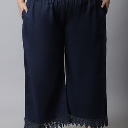 TAG 7 Women Navy Blue Linen Plus Size Lace Ethnic Palazzos-image-31