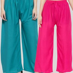 Clora Creation Women Set Of 2 Pink & Turquoise Blue Palazzos-26