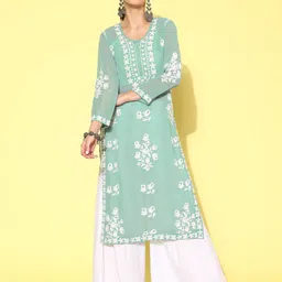 Sangria Chikankari Floral Embroidered Round Neck Kurta With Palazzos-55