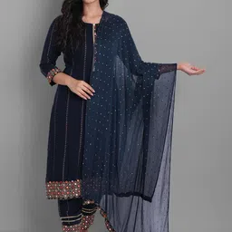 Ziva Fashion Women Navy Blue Ethnic Motifs Printed Mirror Work Kurta with Trousers & With Dupatta-picture-35