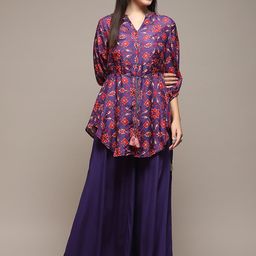 Biba Ethnic Motifs Printed Band Collar Tie-Up A-Line Kurta With Palazzos-picture-28