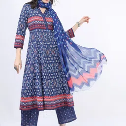 Vishudh Women Navy Blue Printed Empire Pure Cotton Kurta with Palazzos and Dupatta-picture-33