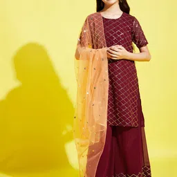 Cherry & Jerry Girls Burgundy Embroidered Straight Kurta with Palazzos & With Dupatta-image-3