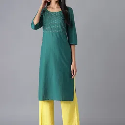 AURELIA Women Green & Yellow Yoke Design Pure Cotton Kurta with Palazzos-image-79