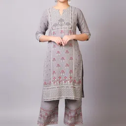 V TRADITION Women Grey Floral Embroidered Kurta With Palazzos-image-61