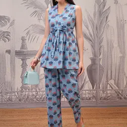 Vishudh Blue Floral Printed Pure Cotton Top & Trouser-image-3