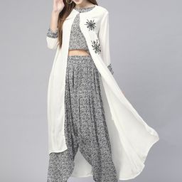 Pannkh Women White & Navy Blue Printed Top & Dhoti Pants with Ethnic Jacket-22