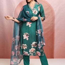 Vishudh Green Floral Printed Thread Work Straight Kurta With Trousers & Dupatta-picture-48