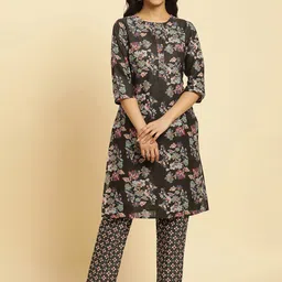 W Floral Printed Regular Pure Cotton Straight Kurta with Trousers-19