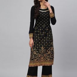AURELIA Women Black Floral Printed Straight Kurta with Trousers-image-1