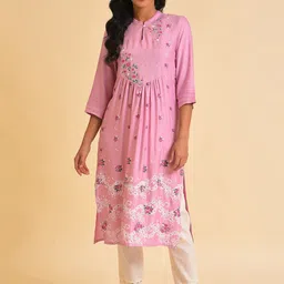W Pink & Green Floral Printed Pleated Thread Work Kurta With Trousers-9