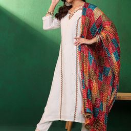 Sangria Sequence & Zari Embroidered Round Neck Panelled Kurta With Trousers & Dupatta-8