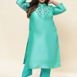 Sringam Plus Size  Floral Yoke Design Thread Work Cotton Straight Kurta-52