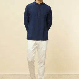 Manyavar Mandarin Collar Cold-Shoulder Sleeves Thread Work Art Silk Short Kurta-image-36