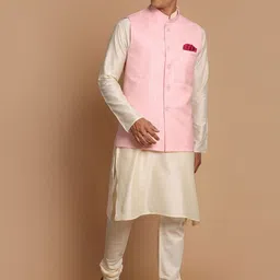 VASTRAMAY Men Cream-Coloured Layered Kurti with Pyjamas-35