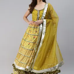 Divena Women Yellow Ethnic Motifs Embroidered Layered Gotta Patti Pure Cotton Kurti with Skirt & With-picture-26