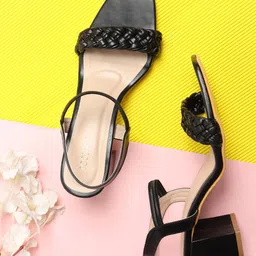 ICONICS Women Black Embellished Block Open Toe Heels-image-79