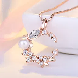 Jewels Galaxy Rose Gold-Plated AD-Studded Half Moon-shaped Pendant With Chain-10