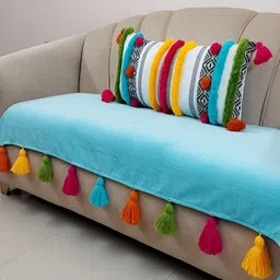 THROWPILLOW Turquoise Blue & Pink Anti Slip Tassels Sofa Cover-44