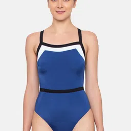 Sloggi Women Blue & White Color-Blocked Padded Non-Wired Racerback One Piece Swimsuit-image-11