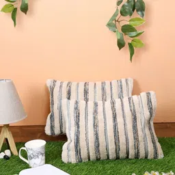 Myntra Elegant Homes Cream-Coloured & Black Set of 2 Striped Woollen Rectangle Cushion Covers-13