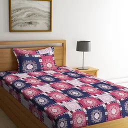 Arrabi Navy Blue & Pink Ethnic Motifs 300 TC Flat Single Bedsheet with 1 Pillow Cover-image-26