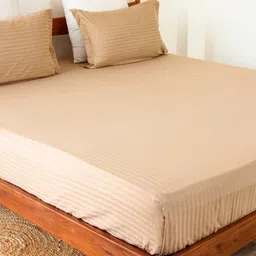 HOMEMONDE Taupe Striped 300 TC Cotton Fitted Queen Bedsheet & 2 Pillow Covers-image-62