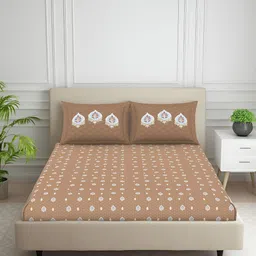 SPACES Orange & White Floral Printed Cotton 144 TC Queen Bedsheet With 2 Pillow Covers-66