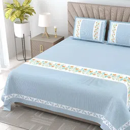 BED-SHEET.COM Blue & White Ethnic Motifs Pure Cotton 240 TC King Bedsheet &2 Pillow Covers-image-22