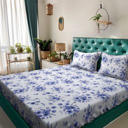 Alina decor White & Blue Floral 210 TC Queen Bedsheet with 2 Pillow Covers-picture-13