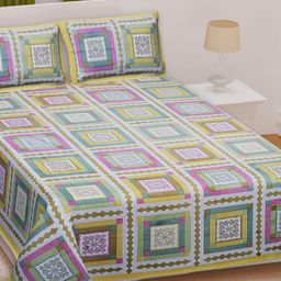 Texstylers Yellow & Green Ethnic Motifs Cotton 210 TC Queen Bedsheet With 2 Pillow Covers-image-39